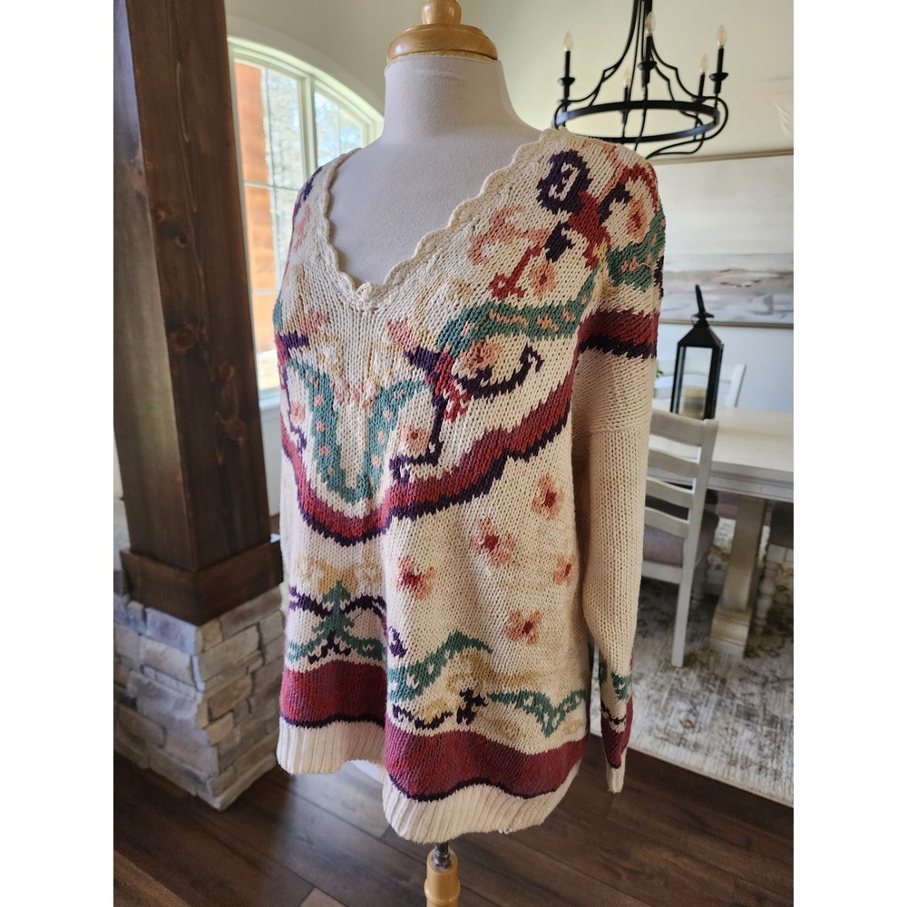 Vintage 90s Hunters Run Cottagecore Granny Floral Scalloped V-Neck Knit Sweater - Picture 3 of 11
